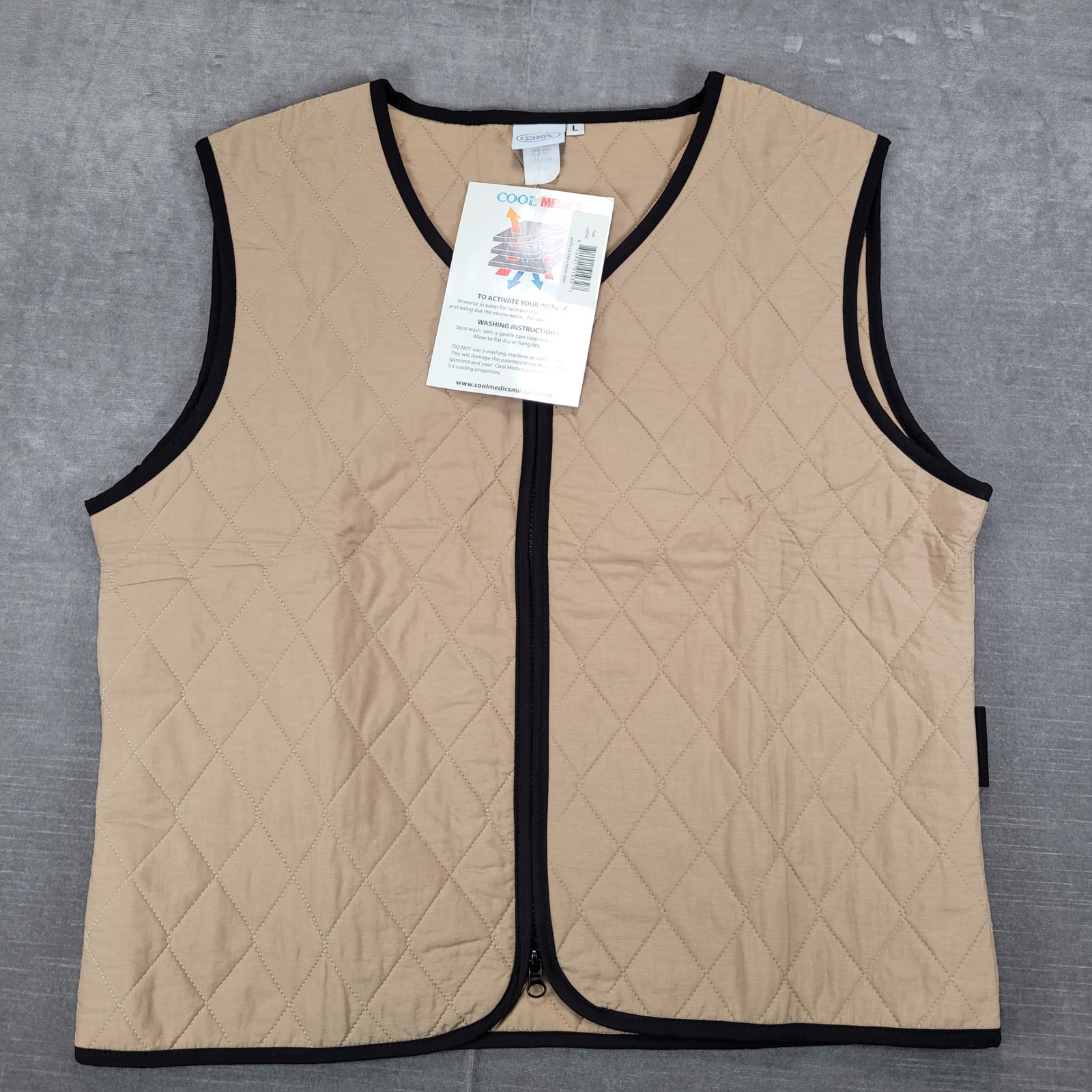 Cool Medics Cooling Vest Tan Black Trim V-Neck Zip Up Large Mens New